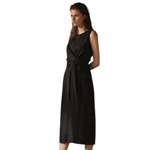 Aritzia Babaton 1-01 Black Marian Waist Tie Rayon Silk Blend Midi Dress Size 8